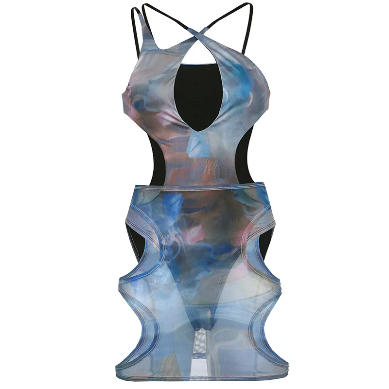 

Cool and sexy net gauze printed halter neck cutout waistless one-piece see-through half skirt suit two-piece suit