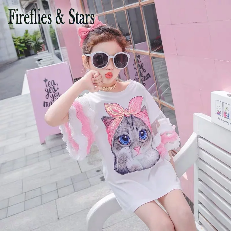 Летняя длинная футболка для девочек детская модная уличная одежда платья с