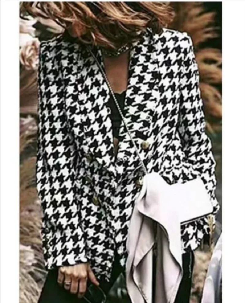 

Luxury Plaid Women Tweed Jacket Fashion Women Long Sleeve Button Autumn Winter Outerwear Ladies Casual Elegant Coat Houndstooth