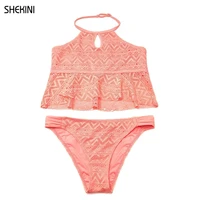 shekini girls halter keyhole bathing suit ruffles flounce crochet mesh fabric two piece swimsuit for girls beachwear teen bikini