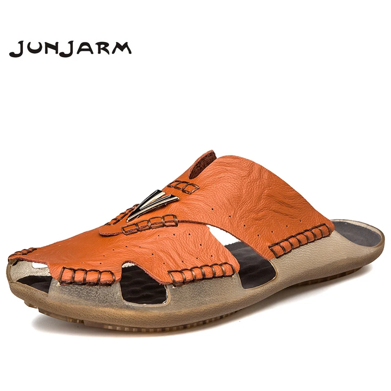 

JUNJARM Summer Sandal Men Hot Sale High Quality Leather Slippers Men's Casual Shoes Classic Beach Flip Flops Big Size38-48