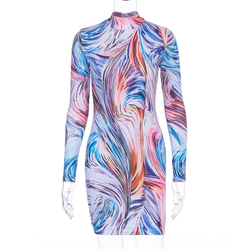

2020 Spring And Autumn Women's Printed Long Sleeve Round Neck Dress Fashion Sexy Hedging Regular Sleeve Short Skirt