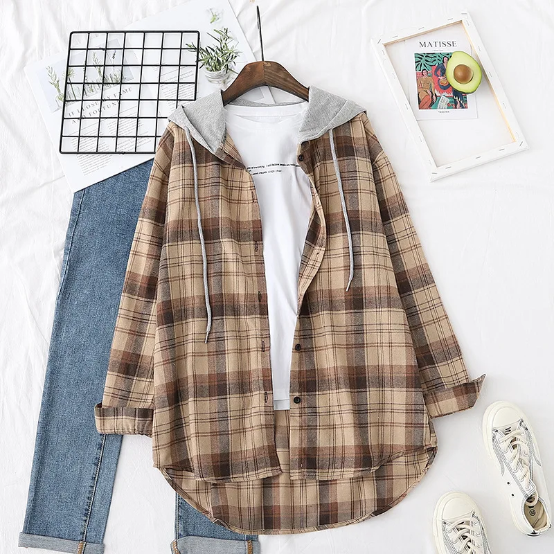 

Casual Plaid Hoodies Women Blouses Autumn New Fashion Long Sleeve Plus Size Oversized Shirt Ladies BF Long sleeve Looss Outwear