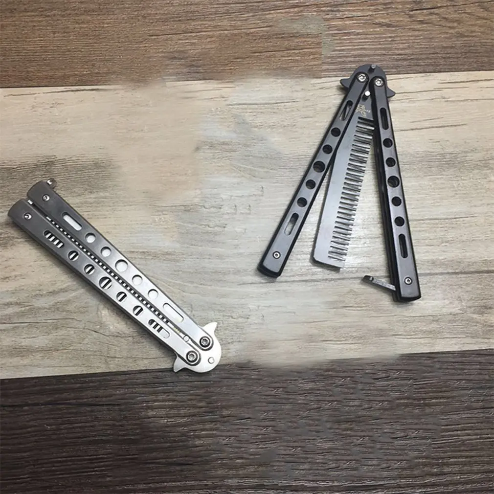 Professional Salon Stainless Steel Folding Butterfly Knife Hair Comb - Training and Styling Tool - Black/Silver image 6