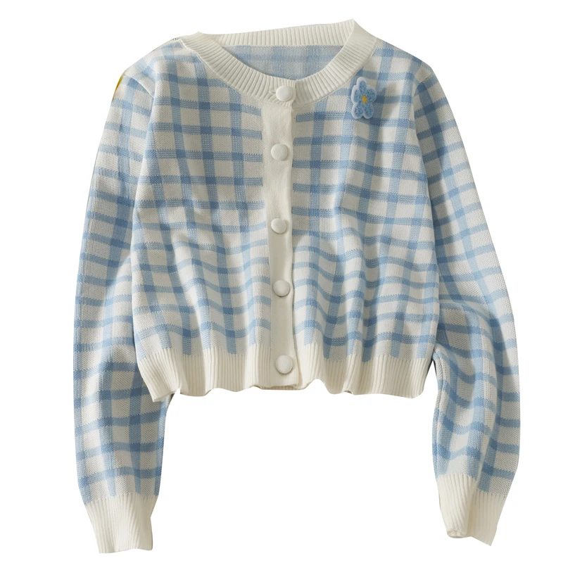 

Sweet and Versatile Three-dimensional Flower Plaid Long Sleeve Sweater Women's 2021 Autumn Loose and Thin Short Round Neck Top