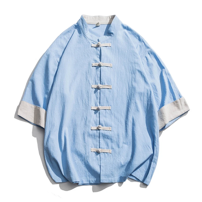 

Retro Man Chinese Style Tops Casual Half Sleeve Traditional Shirt Male Stand Collar Kung Fu Uniform China Hanfu Tang Suit