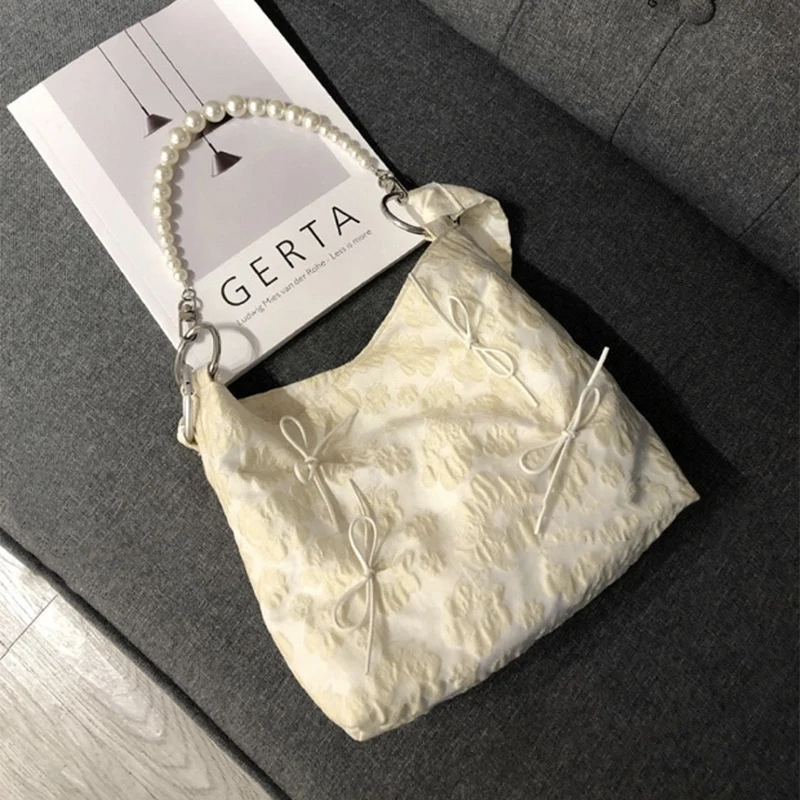 

Xiuya Vintage Womens Tote Bag 2021 Large Capacity Floral Bow Shopper Shopping Bags Luxury Pearl Chain Handbag for Girls Purse