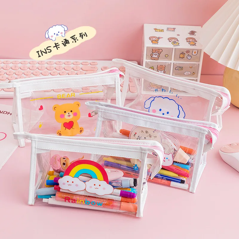 

Korean Stationery Simple Square Transparent Portable Pencil Case Anime Cartoon Funny Storage Cosmetic Bag Cute School Supplies