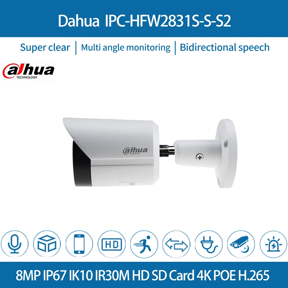 

Dahua IPC-HFW2831S-S-S2 Bullet Network IP Camera Starlight Mini 8MP 4K PoE SD Card Slot H.265 30M IR IVS Onvif IP67 Bullet Cam