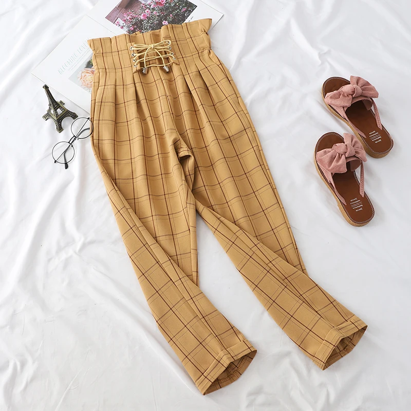2020 Fashion Women Lace Up High Waist Ankle Length Loose Plaid Harem Pants Bandages Tie Ruffle Japanese Harajuku Casual