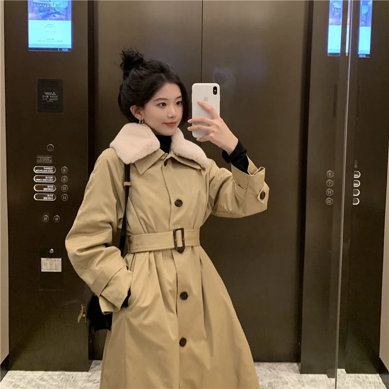 

Trench Maxi Coat Lapel Long Length Cotton Jackets Korean Sashes Thickened Warm Cotton Windbreaker Ladies Overcoat Outerwear