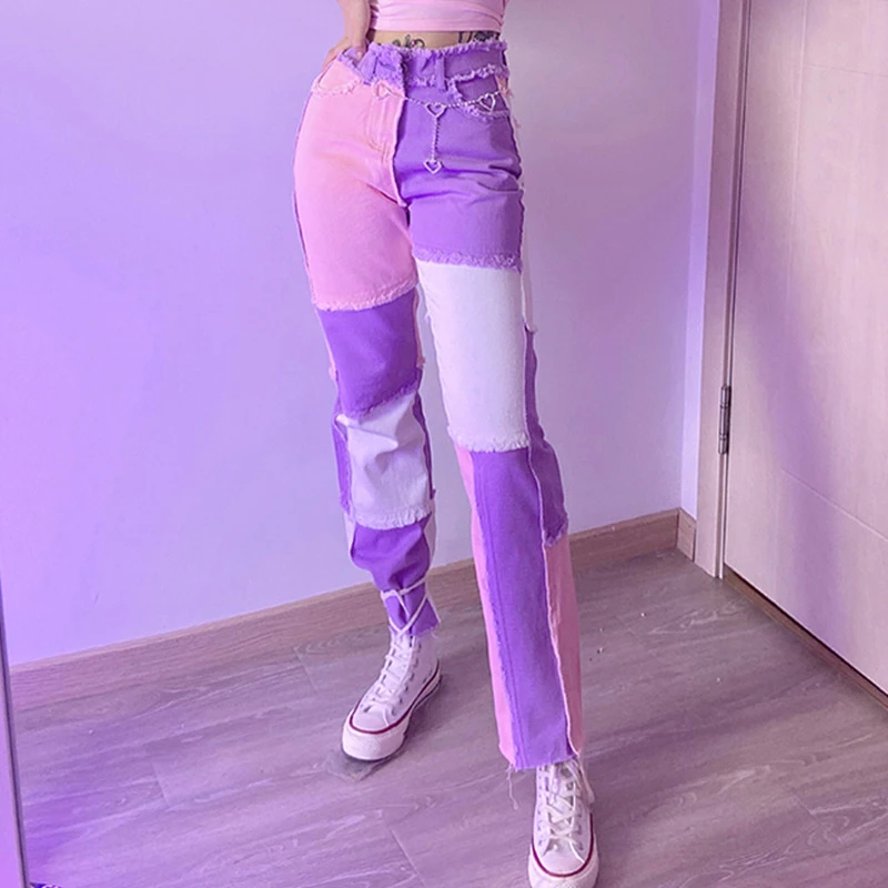

Женские прямые джинсы в стиле хип-хоп, синие/розовые джинсы составного кроя с высокой талией, модель 2021 года