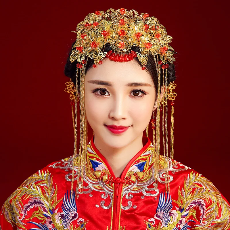 Красный головной убор в китайском стиле для невесты кимоно длинная шпилька волос