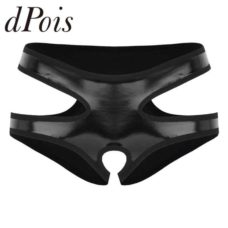 

Black Women Sexy Lingerie Wet Look Faux Leather Crotchless Hollow Out Low Rise Mini Briefs Underwear Open Crotch Exotic Panties