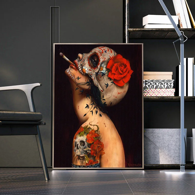 

Modern Abstract Canvas Painting Sexy Smoking Nude Skull Girl with Flower Tattoo Wall Pictures Poster for Bar Office Home Decor