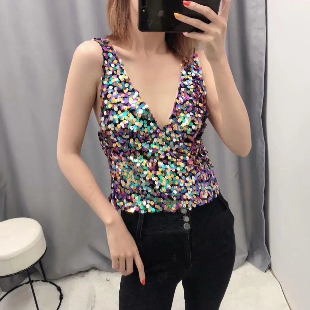 Женский сексуальный жилет расшитый блестками рубашка 2020 Модный женский короткий