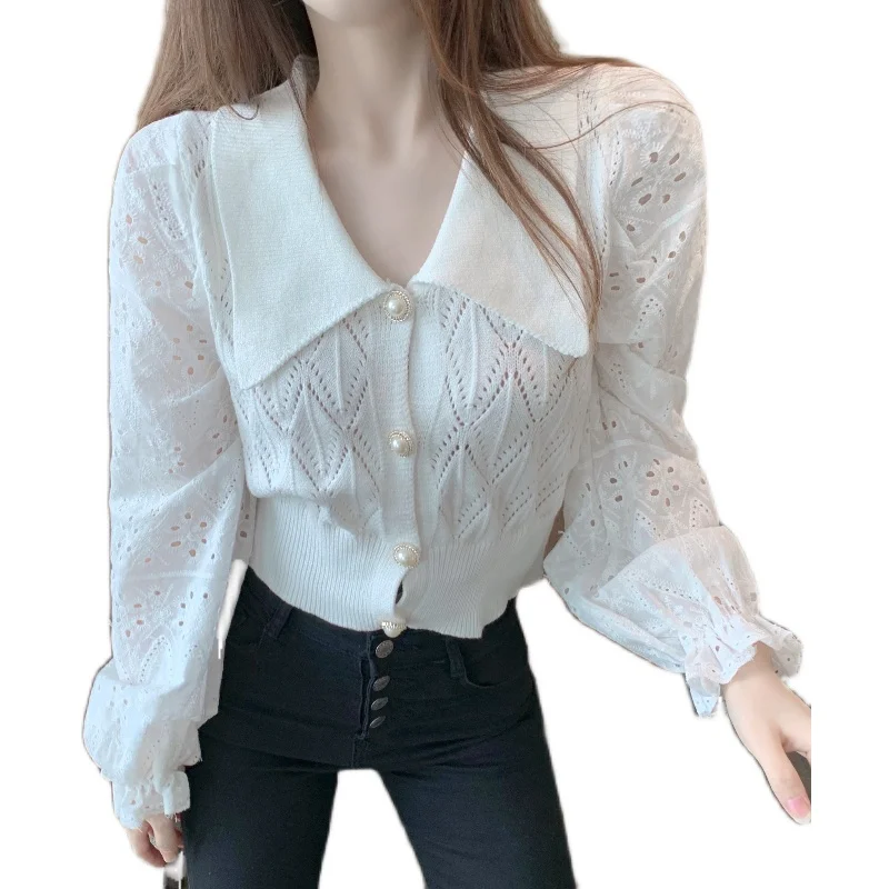 

Fashion women's top 2020 autumn and winter new slim sweet lace long-sleeved stitching sweater lapel sweater