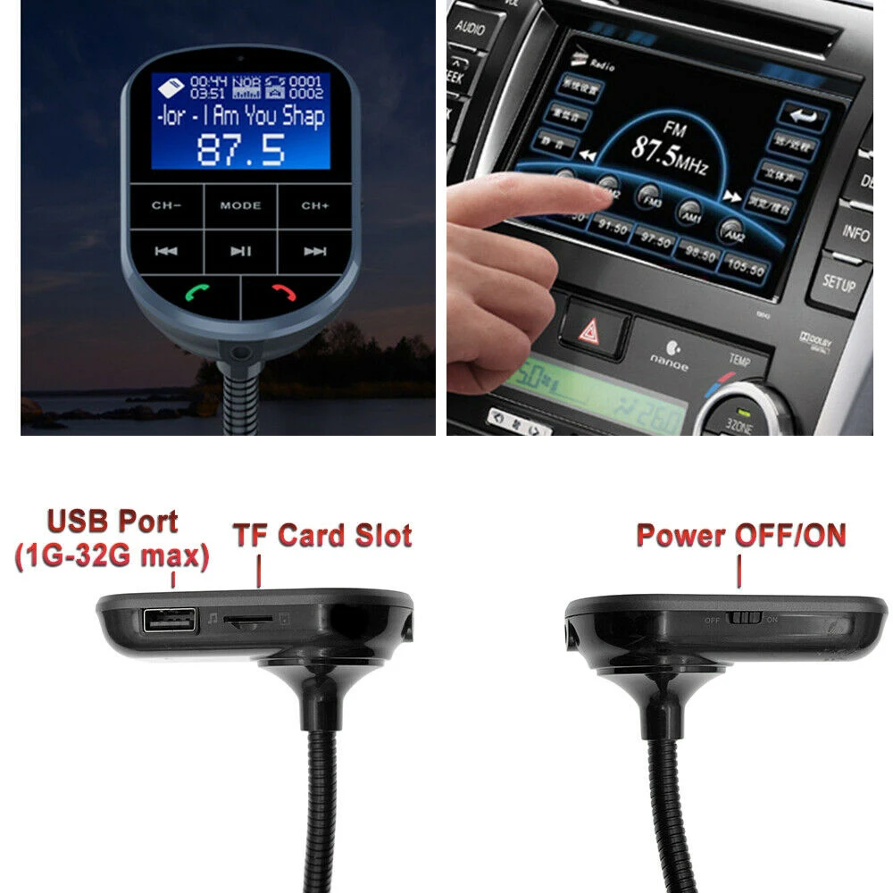 AOSHIKE, 2,4 дюймов, 12 В, 24 В, автомобильный Bluetooth, беспроводной приемник, fm-передатчик, прикуриватель, 5 В, а, MP3, двойной USB, AUX