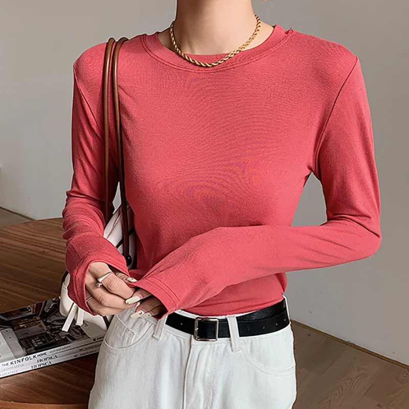 

Long Sleeve Solid Basic All-Match T Shirts Female O Neck Slim Thin Tees Female Casual Spring Cotton Fashion T-Shirt Tops Women