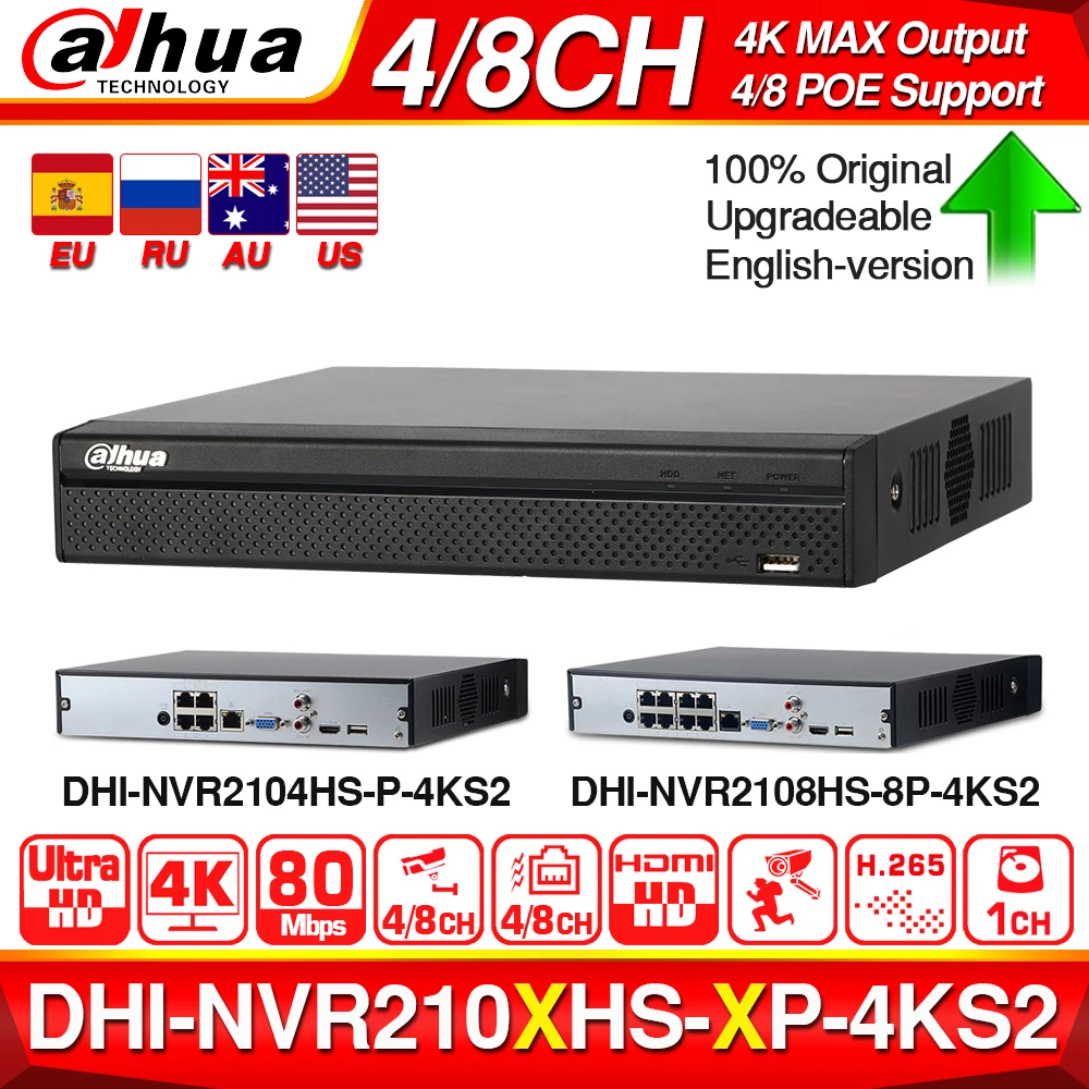 Dahua NVR2104HS-P-4KS2 NVR2108HS-8P-4KS2 4CH 8CH POE NVR 4K Регистраторы Поддержка HDD 4/8CH POE для видеонаблюдения Системы комплект безопасности