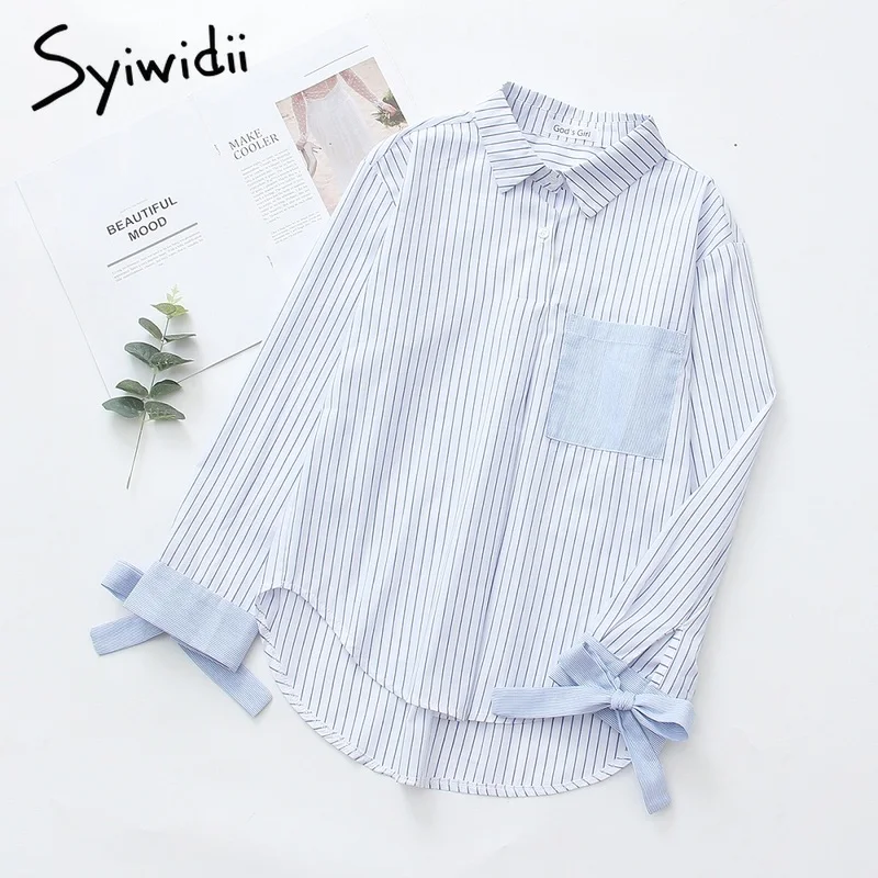 Женская блузка с бантом Syiwidii небесно голубой и белый полосатый топ длинными