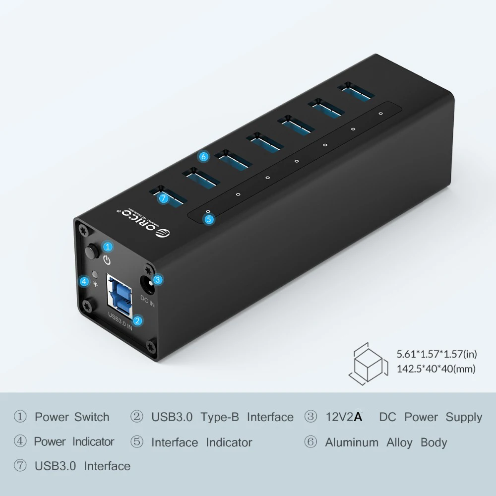 ORICO 7 Порты и разъёмы высокое Скорость Настольный USB3.0 концентратор Поддержка BC1.2 зарядки с Мощность адаптер Алюминий USB разветвитель для Macbook-черный