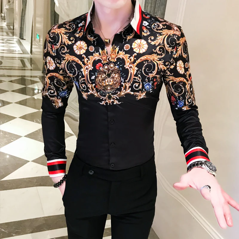 

Мужская приталенная деловая рубашка, Повседневная брендовая Роскошная рубашка с длинным рукавом и золотым принтом, осень 2021