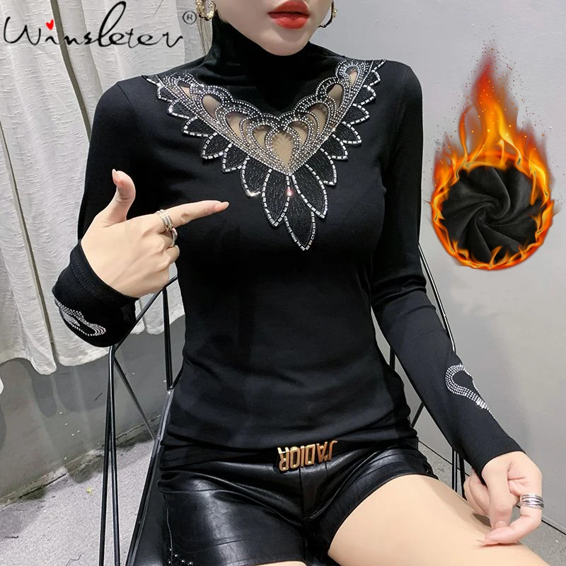 

Fall Winter Korean Clothes T-Shirt Chic Turtleneck Diamonds Women Cotton Tops With Fleece Long Sleeve Bottoming New Tees T1D317A