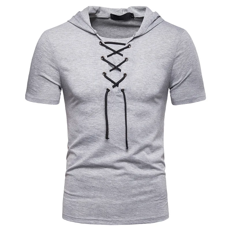 

Free Shipping 2021 Men's Fashion Lace T-shirt with Hood Black White Sports Leisure Tee Mens Summer Short Sleeve Cotton T Shirts