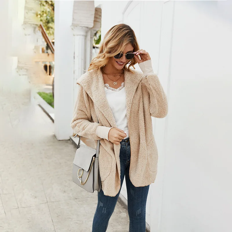 

Women Elegant Loose Hooded Jackets 2021 Casual Big Pocket Faux Fur Coat Outwear Autumn Winter Solid Warm Cardigans Streetwear