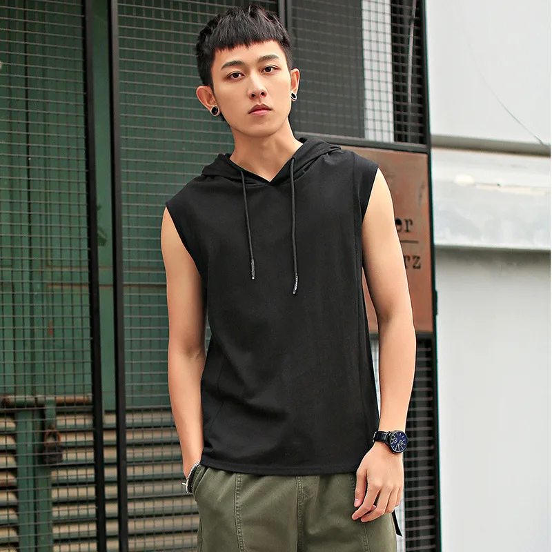 

Rlyaeiz Summer 2020 Sleeveless Hooded Cotton T-shirt Men's Vest and Undershirt Sports Solid Color Shirts Male's T- Shirts