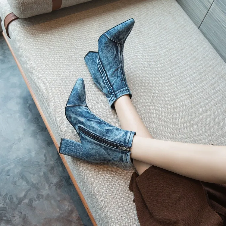 Womens Denim Jeans Over The Knee Thigh& Ankle Boots Stilettos High Heel Pointed Toe Side Zipper Shoes Punk Motorcycle New