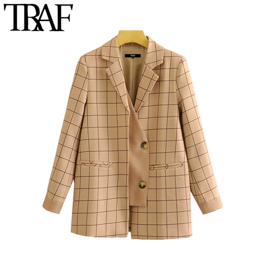 Женский винтажный блейзер в клетку с отложным воротником и длинным