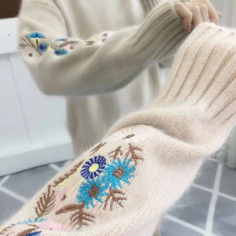 

Embroidery Floral Turtleneck Pullover Knitted Sweater Womens Autumn Winter Wool Knitting Jumpers Knitwear Pull Femme Ribbed Tops