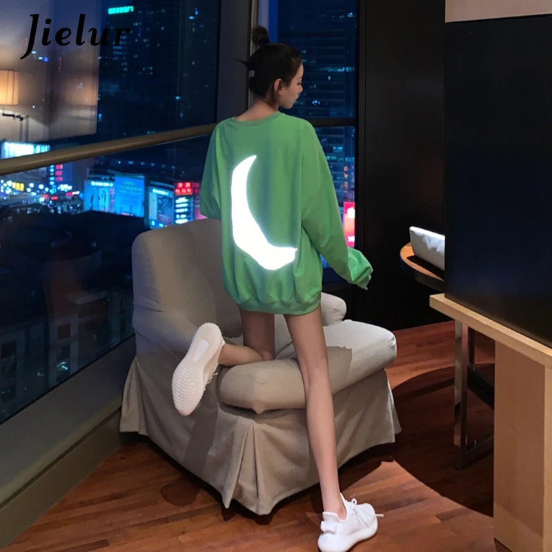 

Jielur Harajuku 2021 Sweatshirt Fashion O-Neck Moon Print Casual Women's Hoodie Long Sleeve Korean 3 Colors Green Hoodies Fall