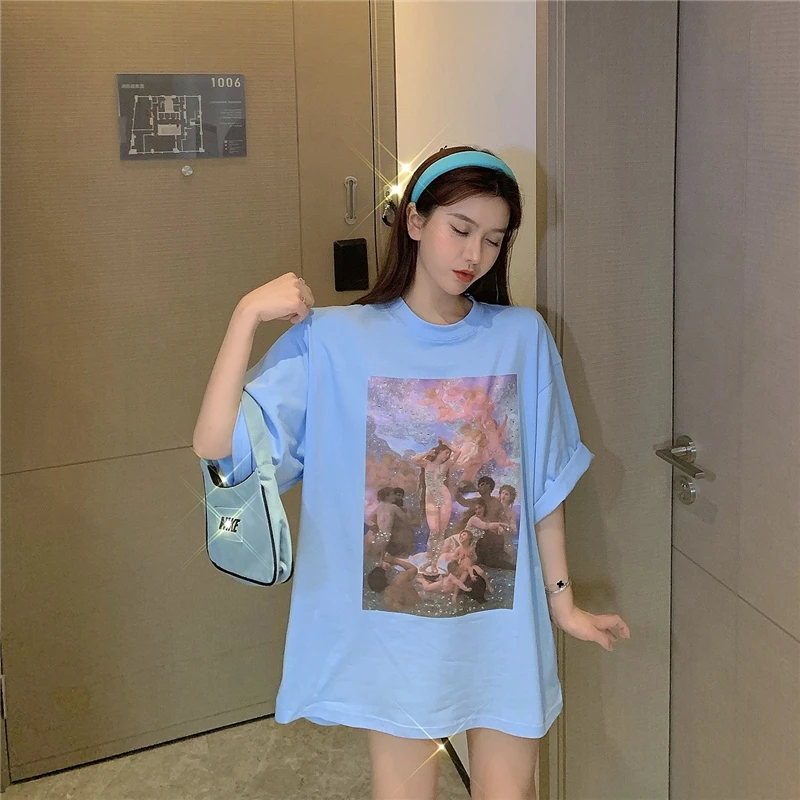 

Модная женская одежда в Корейском стиле, футболки большого размера, приталенные, с креативным принтом, повседневные футболки с коротким рук...