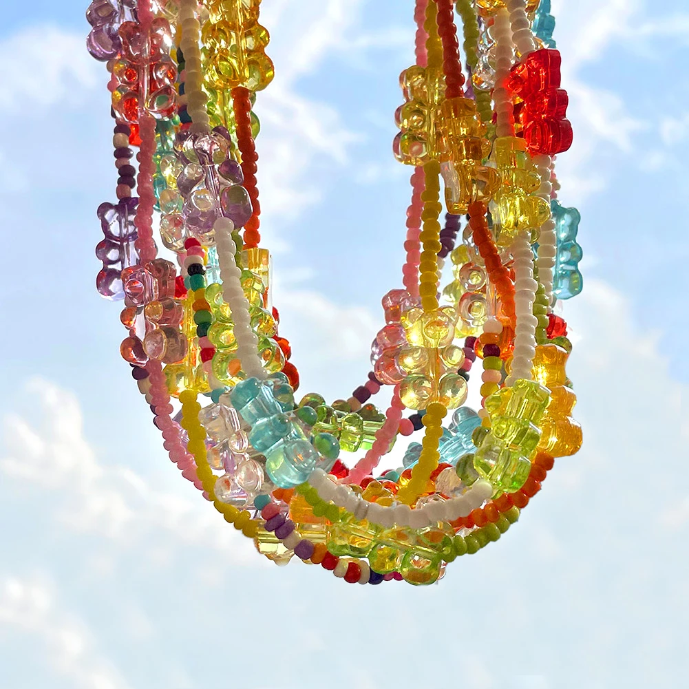 

Cute Rainbow Color Resin Jelly Gummy Bear Beaded Necklaces For Women Girls Handmade Colorful Beads Necklaces Summer Y2K Jewelry