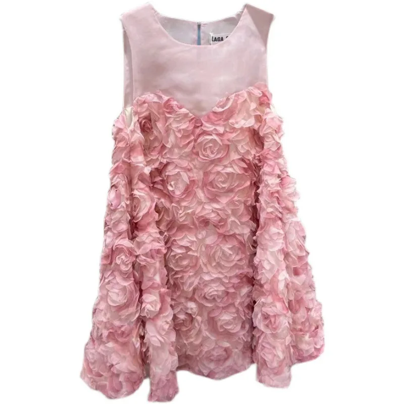 

Women's Flower Princess Pink Dress Sleveless Loose Waist Sweet Korean Dress Female Elegant High Fashion Dress