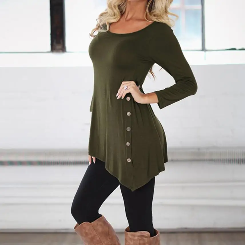 

Solid Color O -Neck Tunic T -Shirt T -Shirt New High Quality Long Sleeve Loose Button Trim T -Shirt Women