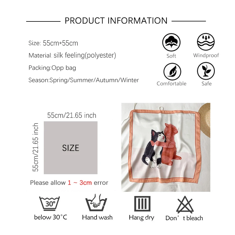 

2021 New Square Silk Scarf For Women Headscarf Ladies Satin Shawl Cute Cat Print Neckerchief Female Headband Head Wraps Bandana