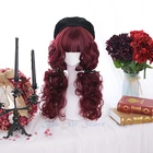 Красный парик Харадзюку, Волшебная длинная кудрявая Милая челка, корейские и японские головные уборы для девочек, винно-красные аксессуары для косплея