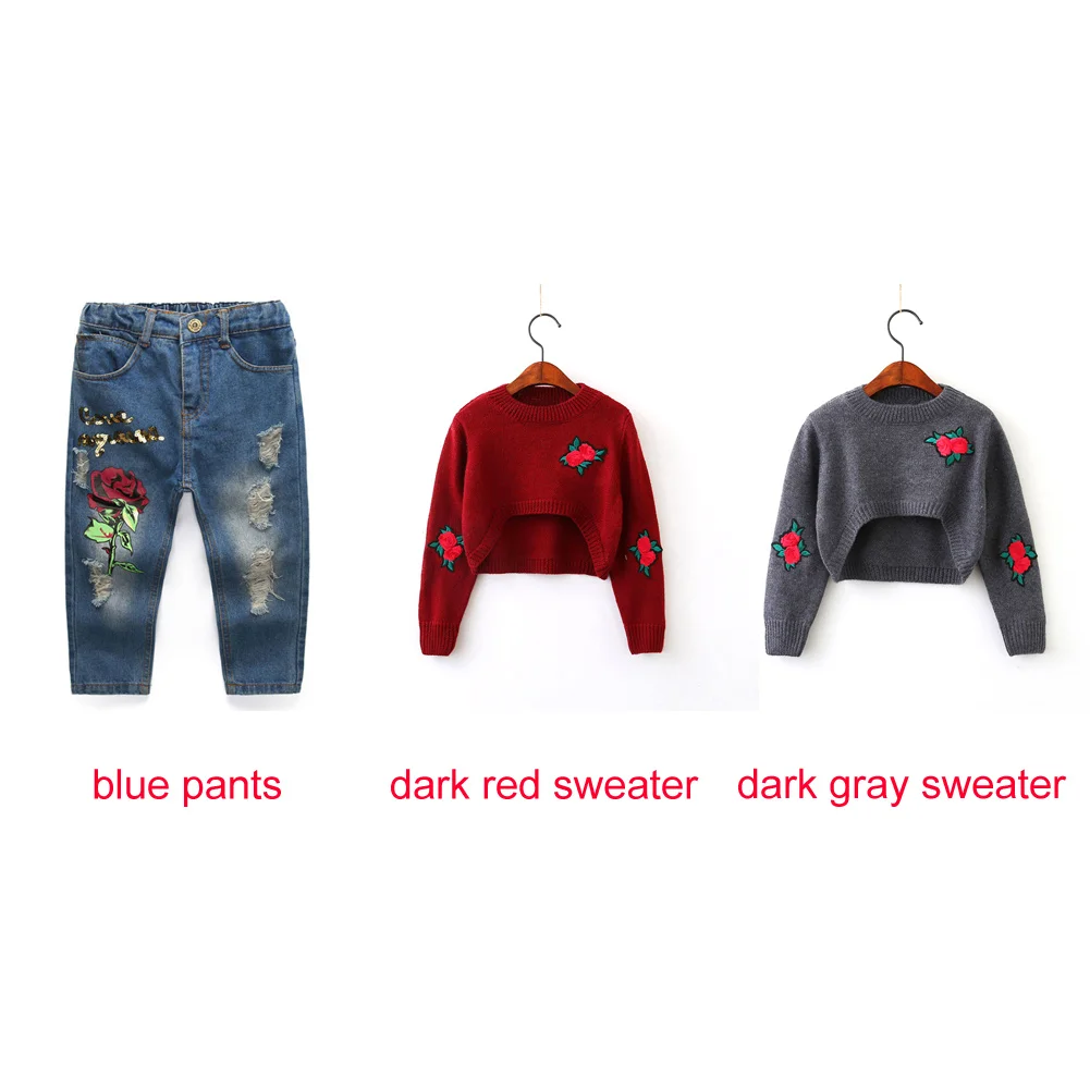 Модный костюм для девочек свитер с розой + джинсы штаны цветочным принтом детская