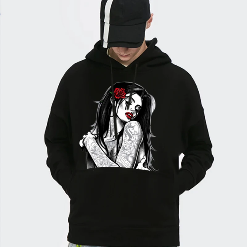 

Ins Trend Retro Dark Girl Print Loose Hoodie Men's Clothing All-match Jacket Fairy Grunge Streetwear Men Emo Clothes