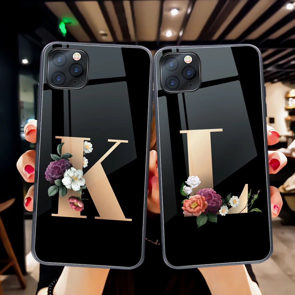 

Flowers Letter Case For iPhone 11 12 Pro Max Mini Cover for iPhone 7 8 6 6S X XR XS Max SE 2020 Plus Tempered Glass Phone Fundas