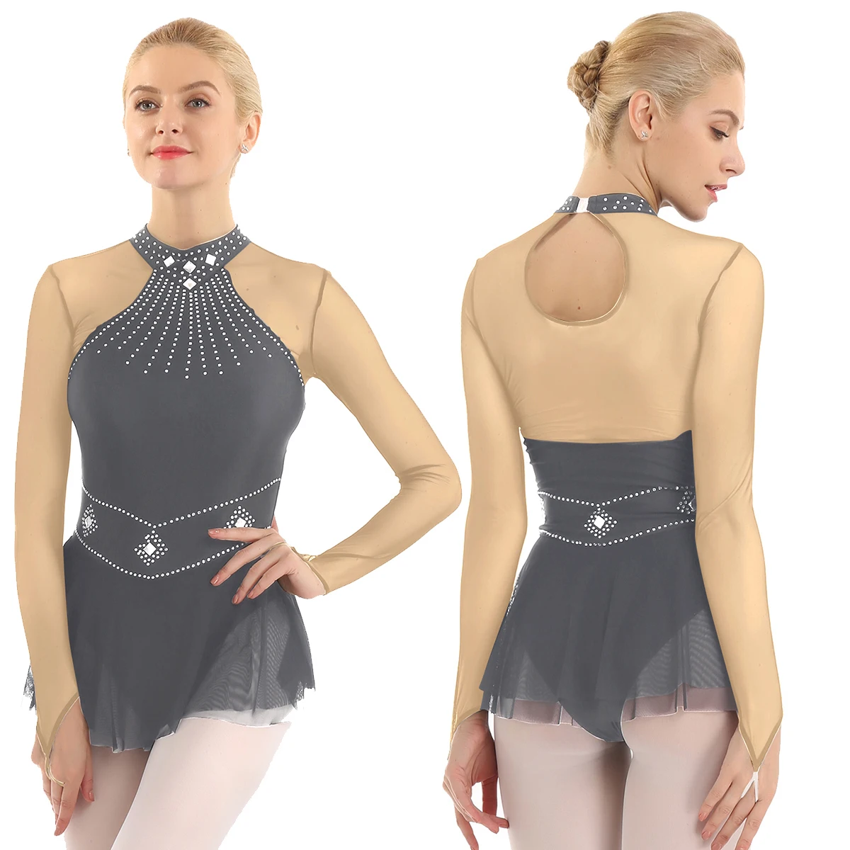 Adult Shiny Rhinestones Long Sleeve Mesh Splice Ballet Gymnastics Leotard Women Figure Skating Dress Competition Dance Costumes