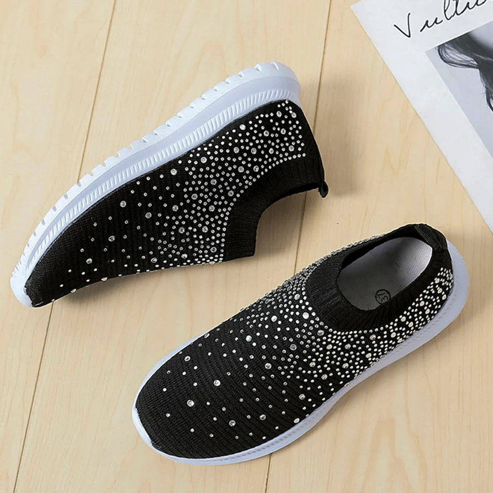 Женские кроссовки без застежки повседневные блестящие носки прогулочная обувь