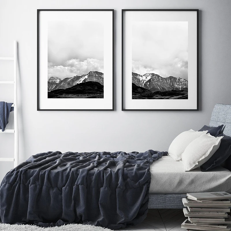 Современная Картина на холсте снежные горы постеры и принты черный белый Пейзаж