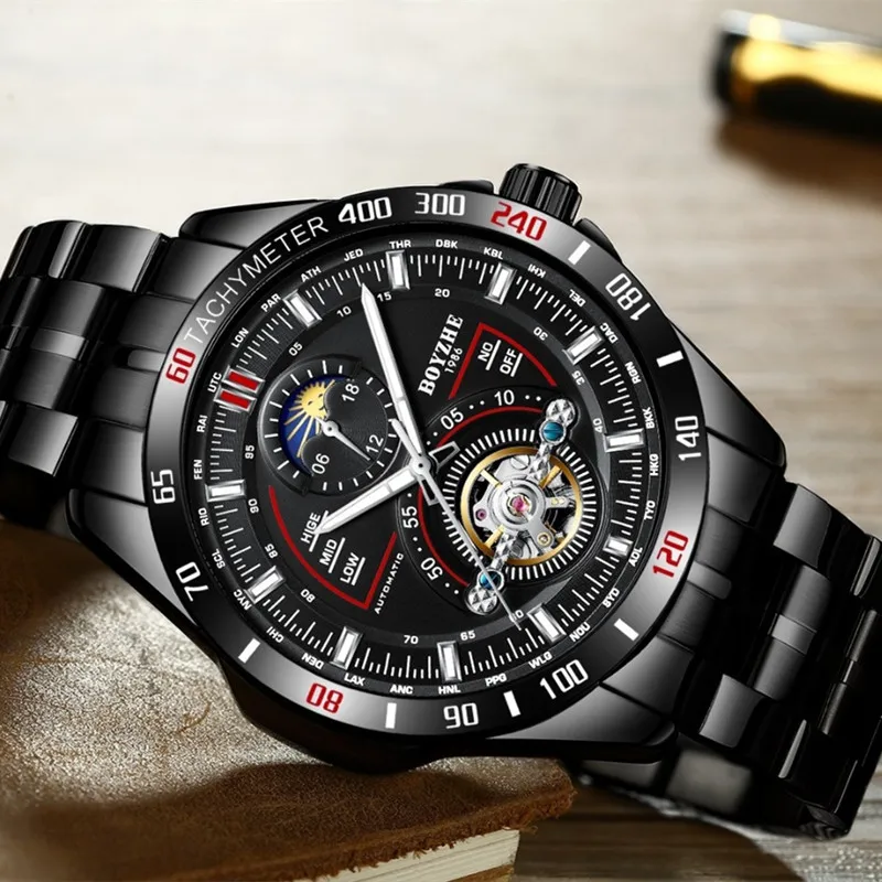 

Men mechanical automatic tourbillon watch stainless steel sport watches waterproof Luminous skeleton moonphase relogio masculino