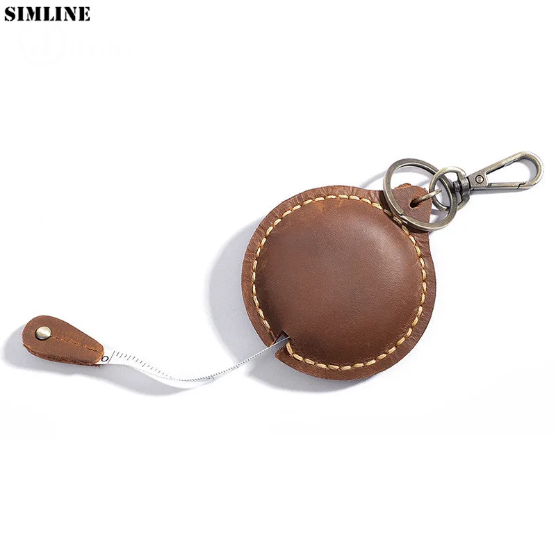 

Genuine Leather Keychain Vintage Cowhide Handmade Portable Tape Measure Band Ruler Keys Accessoris Pendant Key Ring Men Women