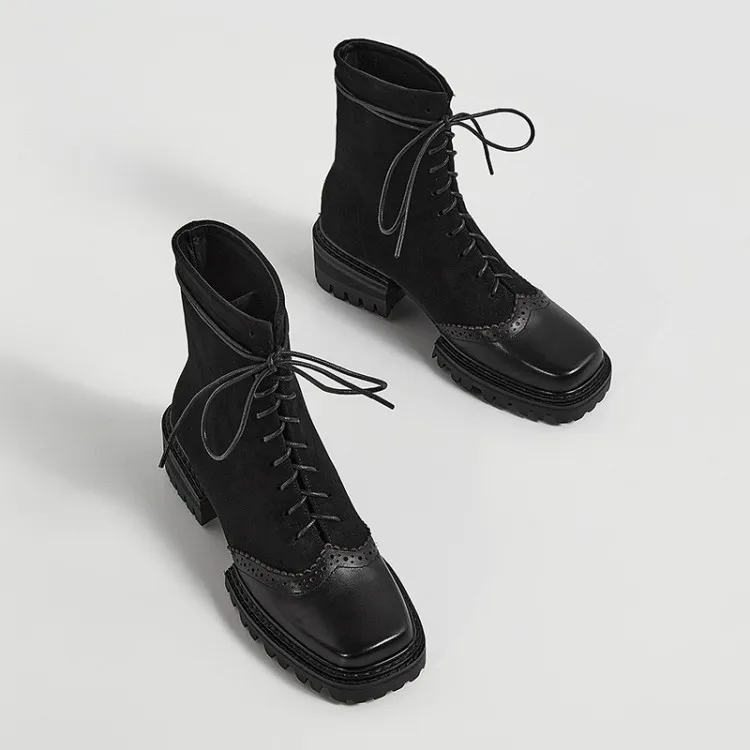 

MLJUESE 2021 women ANKLE boots Cow leather+Flock Winter short plush Square Toe Buckle Strap Med heels female boots size 39